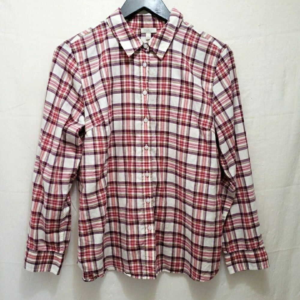 TALBOTS Petite Large L P Cotton Plaid Button Down Shirt Long Sleeve Red White